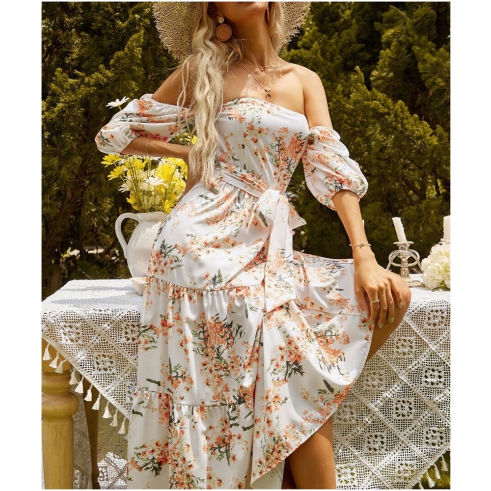 Bella N Blue Floral Off-Shoulder Midi Dress